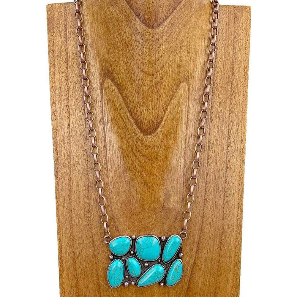 Copper Chain & Blue Turquoise Stone Pendant Necklace | 24"